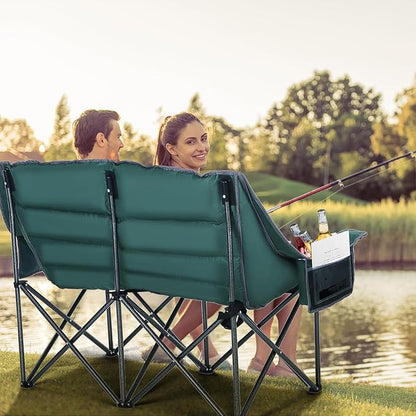 Nice C Double Padded Camping Chair, Oversized Loveseat Camping Chair, Outdoor Camping Couch for Adults, Lawn Chairs, Extra Padded, with Cup Holder, Cooler Bag, Bottle Opener (Green)