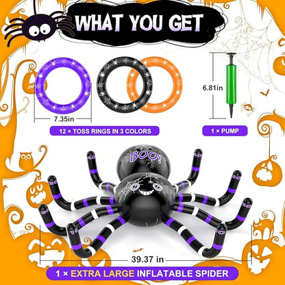 Halloween Ring Toss Games, 14PCS Inflatable Spider with Air Pump 12 Toss Rings for Halloween Party Games Super Fun Game Activities for Kids Adults Indoor Outdoor