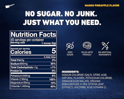 Electrolyte Powder Mango Pineapple - Zero Sugar, Keto, Stevia, Sodium, Potassium, Magnesium - 45 Servings