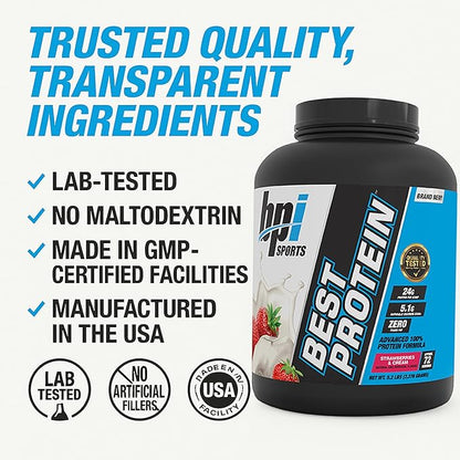 BPI Sports Best Protein ??100% Whey Protein Powder ??Muscle Growth, Recovery, Meal Replacement ??No Maltodextrin, No Fillers, Gluten Free ??for Men & Women | Strawberries and Cream ??5.2 Pounds