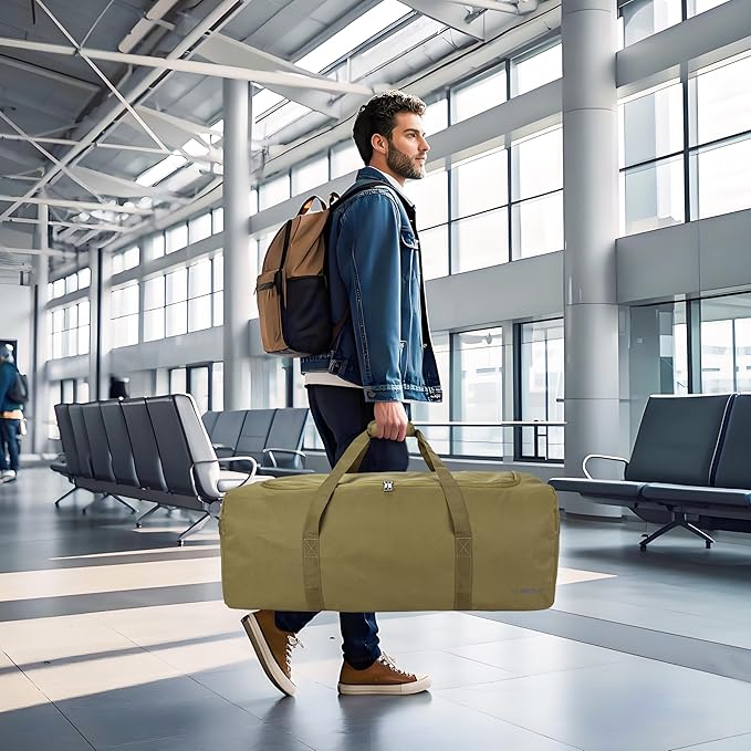 Large Duffle Bag 100L, Travel Duffel Bag for Men, Water & Tear Resistant Travel Bag, Extra Large Moving Bags Women Weekender Bag Overnight for Sports Travel Essentials, Camping Gear Storage (Khaki)