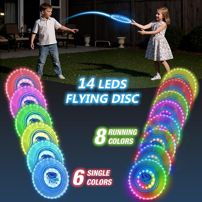 2 Pack Light up Flying Discs for Kids, Rechargeable Disc with 45 LEDs, 14 Lighting Modes(10") & Built-in Battery Disc(7.8"), Glow in The Dark Flying Ring for Beach/Summer Camping/Outdoor Sport