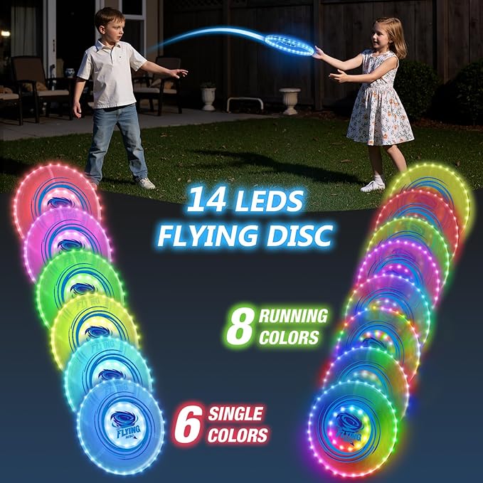 2 Pack Light up Flying Discs for Kids, 45 LEDs, 14 Lighting Modes, Rechargeable Glow in The Dark Flying Ring for Beach, Summer Camping, Outdoor Game, Sport Toys Gift for Teens Boys Adult