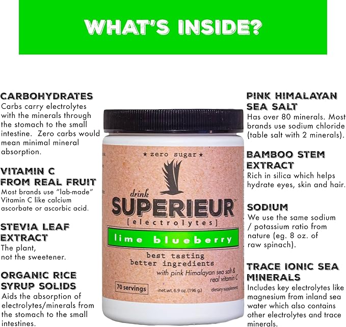 Superieur Electrolytes?“Plant Based Electrolyte Supplement w/Sea Minerals for Hydration & Recovery?“Keto Friendly, Non-GMO, Zero Sugar, Vegan, Healthy Sports Drink Powder?“Lime Blueberry (70 Servings)