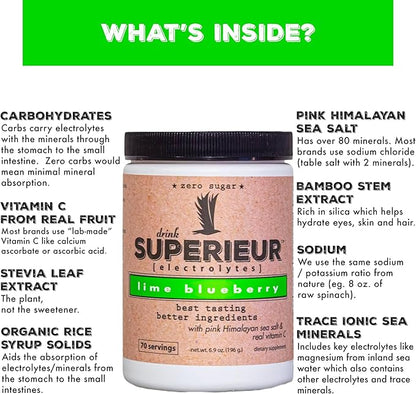 Superieur Electrolytes?“Plant Based Electrolyte Supplement w/Sea Minerals for Hydration & Recovery?“Keto Friendly, Non-GMO, Zero Sugar, Vegan, Healthy Sports Drink Powder?“Lime Blueberry (70 Servings)