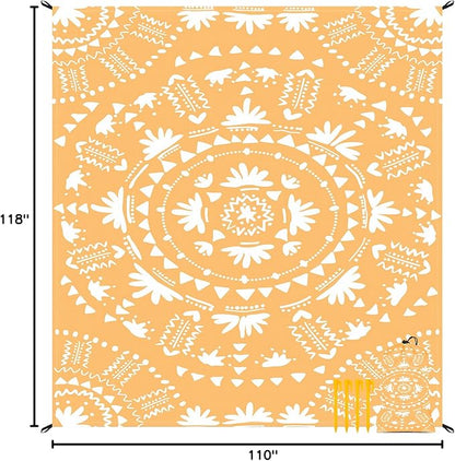 110''×118'' Extra Large Sandproof Beach Blanket 4-8 Adults, Waterproof Foldable Picnic Blankets with 4 Stakes & 4 Pockets, Lightweight Boho Outdoor Beach Mat for Travel, Camping, Hiking