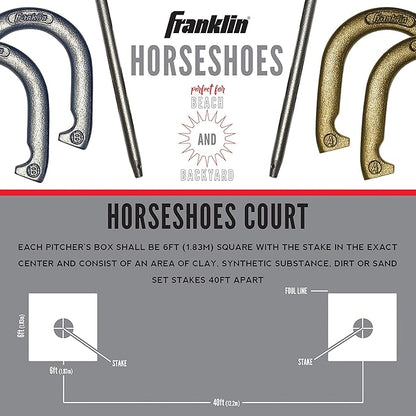 Franklin Sports Horseshoe Set - Cast iron Horseshoes and Steel Stakes - Official Size and Weight - Perfect for Yard and Beach - Recreational