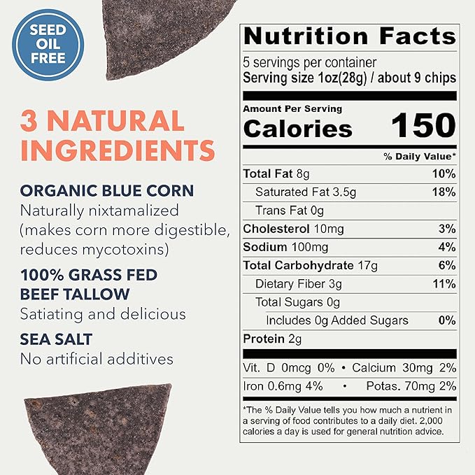 MASA Chips Blue Corn Tortilla Chips - Naturally Grown Blue Corn with Grass Fed Tallow and Sea Salt Tortilla Chips - No Seed-Oil Snacks - 6 Pack, 5 Ounce Each