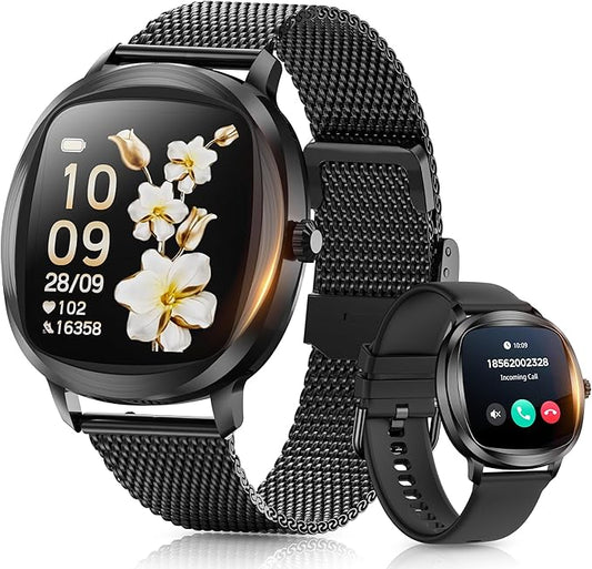 Women's 2pc Band Sports Watch/Smart Watch 1.72" Fitness Tracker with Heart Rate Monitor, 100+ Sports Modes, Sleep Tracking, 7-Day Battery, IP68 Waterproof (Black)