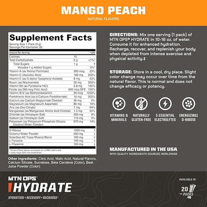 MTN OPS Hydrate Electrolytes Powder Drink Mix, 20 Single Serving On-The-Go Electrolyte Packs with Over 1000mg of Electrolytes per Serving, Mango Peach