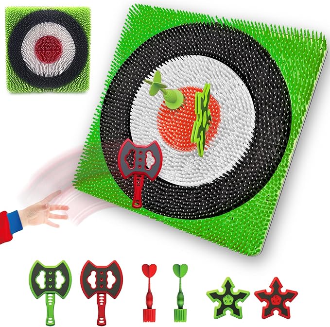 Axe Throwing Target Set for Backyard - Plastic Throwing Axes Game for Adults Kids - Bristle Target Wall-Mounted, 2 Throwing Axes, 2 Ninja Stars, 2 Darts Includes - Indoor Outdoor Yard Carnival Games