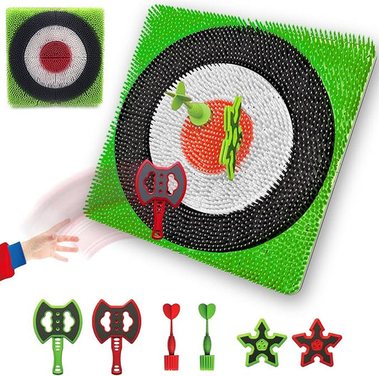 Axe Throwing Target Set for Backyard - Plastic Throwing Axes Game for Adults Kids - Bristle Target Wall-Mounted, 2 Throwing Axes, 2 Ninja Stars, 2 Darts Includes - Indoor Outdoor Yard Carnival Games