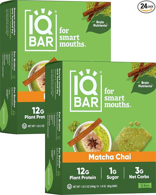 IQBAR Brain and Body Plant Protein Bars - Matcha Chai - 24-Count Low Carb - Gluten Free, High