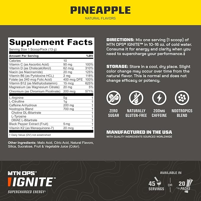 MTN OPS Ignite Energy Drink Powder, Gluten Free Nootropic Supplement Drink Mix, L Arginine, L Citrulline, Caffeine & Nootropic Sugar Free Drink Mix, 45 Servings, Pineapple Crush