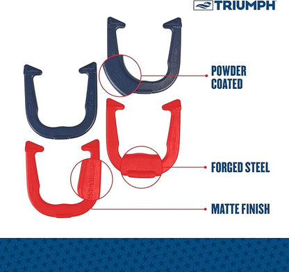 Triumph Forged and Steel Horseshoe Set Complete with 4 Horseshoes, 2 Stakes - Patriotic or Blue and Grey Colors - Perfect Addition for Parties and Outdoor Gatherings