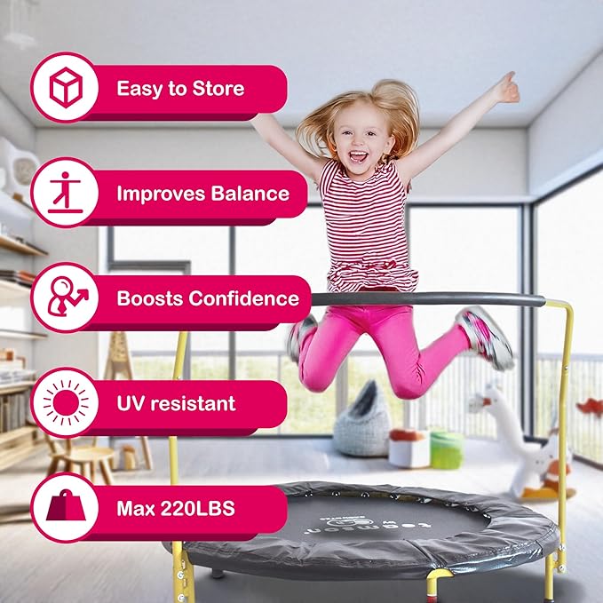 Teamson by Crowntec 36'' Round UV Resistant Steel Mini Trampoline with Handle and Safety Pad for Kids Removable Legs Indoor Outdoor Use Blue