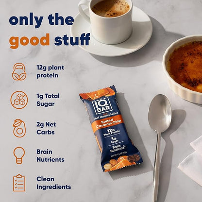 IQBAR x Chef Thomas Keller - Brain and Body Plant Protein Bars - Salted Caramel Chip - 12-Count, Low Carb, High Fiber, Gluten Free, Vegan Snacks - Low Sugar High Protein - Low Calorie Keto Energy Bars