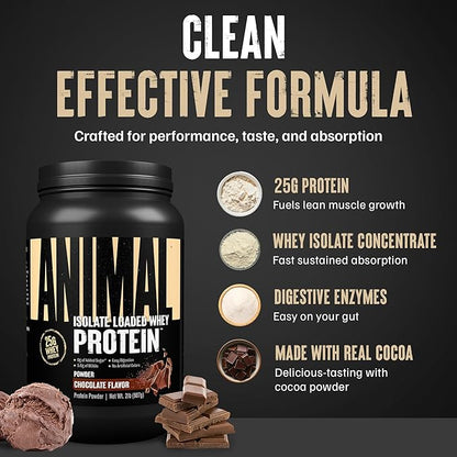 Animal Whey Isolate Protein Powder - Loaded for Pre & Post Workout Muscle Builder and Recovery with Digestive Enzymes for Men & Women - 25g Protein, Great Taste, Low Sugar - Chocolate 2 lbs
