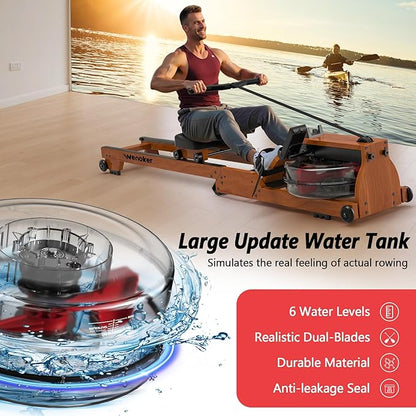 Water Rowing Machine for Home Use, WENOKER Wooden Foldable Rower Machine with Adjustable Monitor & Bluetooth APP, Large Water Tank & Comfortable Seat for Immersive Water Rower, 350LBS Weight Capacity