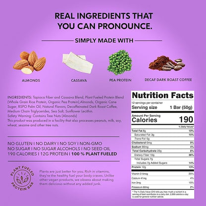 TRUBAR Vegan Protein Bar, Whole Lotta Macchiato, Gluten Free, Plant Based Protein, Dairy Free, Non GMO, Soy Free, No Sugar Alcohols, 12G Protein, 12G Fiber, 23G Carb, On the Go Snack Bars, 12 CT