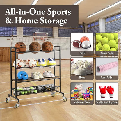 MyGift Sports Ball Organizer for Garage with Wheels, 4 Tier Large Heavy Duty Basketball Holder Stand, Black Metal Sports Equipment Storage Rack with Burnt Solid Wood Shelf, and 2 Basket Training Equip