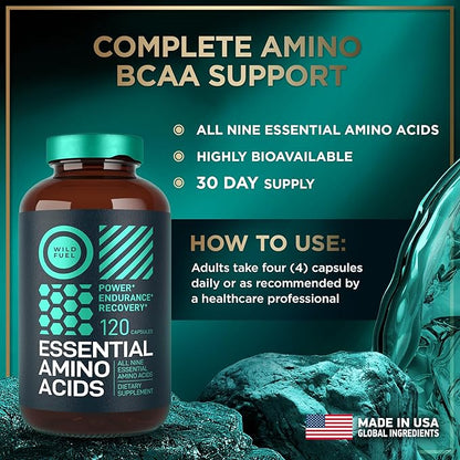 WILD FUEL Essential Amino Acids Supplement for Women and Men - All 9 BCAAs Amino Acid Complex for Power and Recovery - EAA Lysine, Tryptophan, Isoleucine - 2 Pack 240 Vegan BCAA Capsules