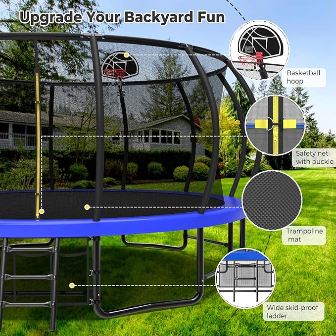 12 14 15 16FT Outdoor Trampolines for Kids and Adults, Pumpkin Trampolin with Curved Poles, Recreational Trampolin with Basketball Hoop and Safety Enclosure Net for Kids and Adults