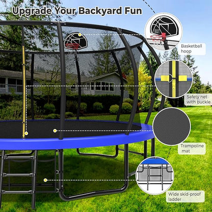 12 14 15 16FT Outdoor Trampolines for Kids and Adults, Pumpkin Trampolin with Curved Poles, Recreational Trampolin with Basketball Hoop and Safety Enclosure Net for Kids and Adults