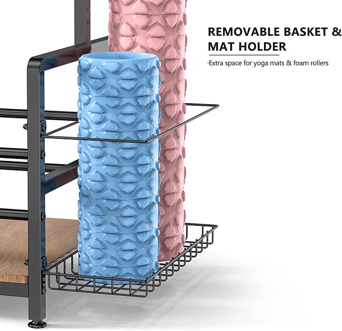 Gym Home Equipment Weight Rack – 3‑Tier Workout Storage Stand for Dumbbells & Kettlebells, Medicine Ball Holder, 460 lb Steel Organizer with Yoga Mat Basket, Hooks, Adjustable Feet, 24 x 16 in