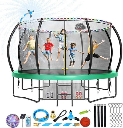 12 14 15 16FT Trampoline Outdoor with Basketball Hoop, Trampoline with Lights for Kids and Adults, Recreational Trampolin with Sprinkler, Stakes