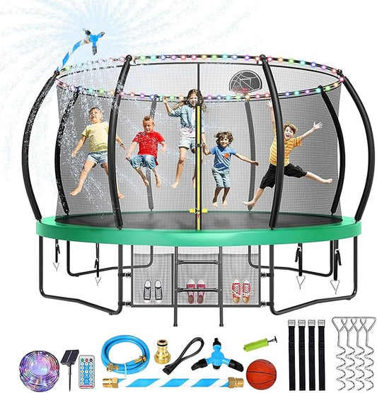 12 14 15 16FT Trampoline Outdoor with Basketball Hoop, Trampoline with Lights for Kids and Adults, Recreational Trampolin with Sprinkler, Stakes