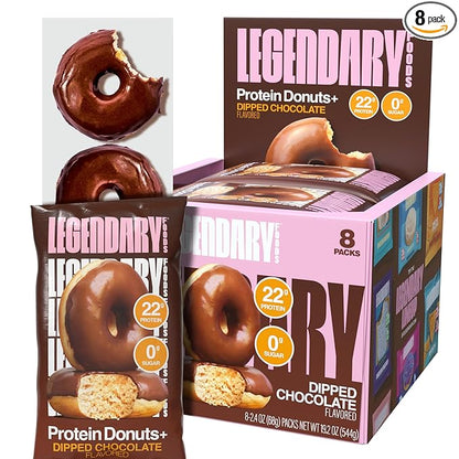 Legendary Foods 22gr Protein Donuts - Dipped Chocolate 8x (2 Donuts per Pack), High Protein, Zero Sugar, Gluten Free, Low Carb, Keto Friendly Snack, Healthy Donut for GLP-1, Diabetic, Bariatric Diets