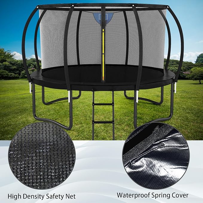 Trampoline 12FT 14FT 15FT 16FT for Kids/Adults - Outdoor Recreational with Enclosure Net Curved Poles and Ladder, Heavy Duty Anti-Rust Coating, ASTM Approval