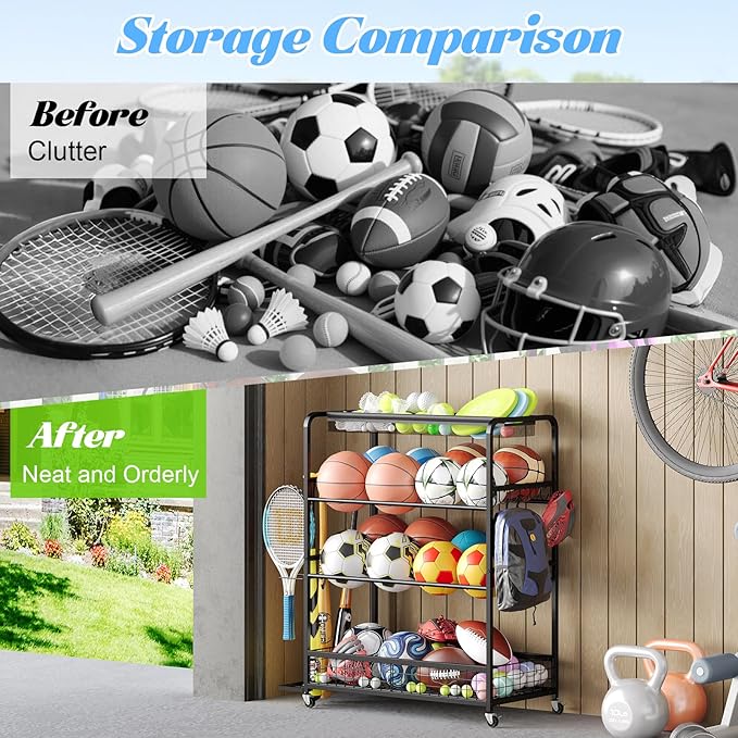 Garage Sports Equipment Storage Rack,Wheeled Sports Ball Storage Box,Double-Tier Double-Row Basketball Hoop Holds 16+ Balls,Ball Rack with Baseball Bat Holder and Hooks-Black