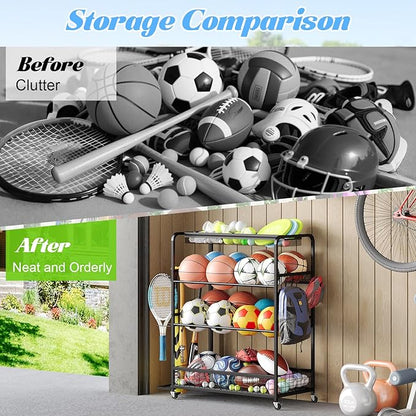 Garage Sports Equipment Storage Rack,Wheeled Sports Ball Storage Box,Double-Tier Double-Row Basketball Hoop Holds 16+ Balls,Ball Rack with Baseball Bat Holder and Hooks-Black