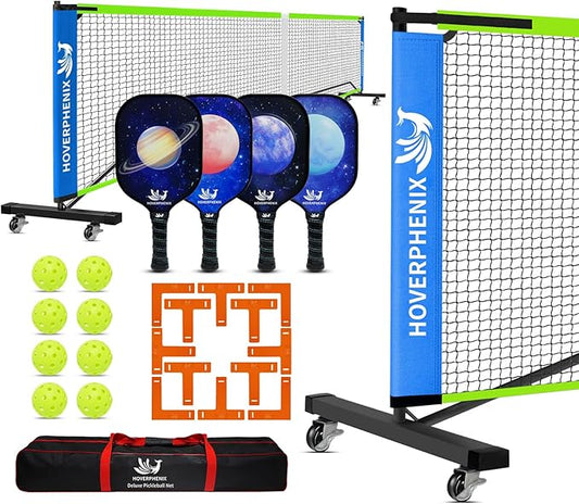 Hoverphenix Pickleball Net for Driveway, 22FT Regulation Size Pickleball Net with Paddles Set of 4