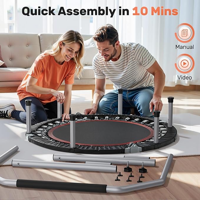 BCAN 40/48" Foldable Mini Trampoline Max Load 330lbs/440lbs, Fitness Rebounder with Adjustable Foam Handle, Exercise Trampoline for Adults Indoor/Garden Workout