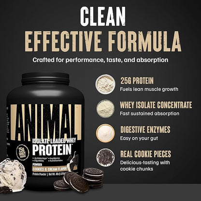 Animal Whey Isolate Protein Powder - Loaded for Pre & Post Workout Muscle Builder and Recovery with Digestive Enzymes for Men & Women - 25g Protein, Great Taste, Low Sugar - Cookies & Cream 4 lbs