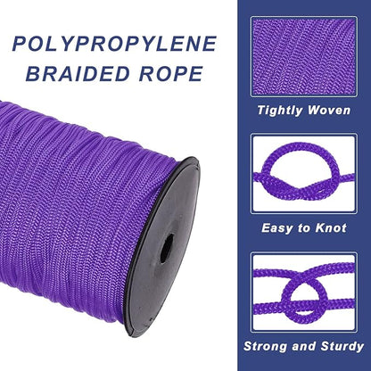 MECCANIXITY 3/16 Inch Polypropylene Rope Braided Ropes, 328ft Nylon Rope Hollow Utility Cord for Clothesline, Camping, Hiking, Outdoor, Dark Purple