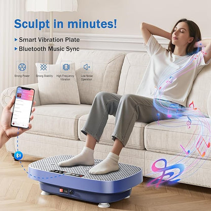 Vibration Plate Exercise Machine, Vibration Plate for Lymphatic Drainage & Body Toning, Whole Body Vibration Plate Platform with Bluetooth, Ultra-Quiet Home Gym Equipment, Resistance Bands