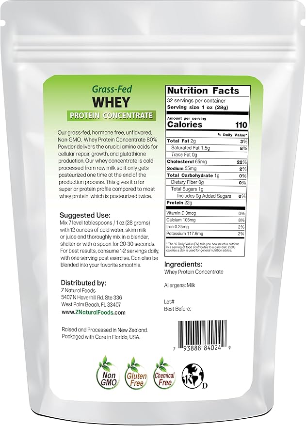 Z Natural Foods Grass-Fed Whey Protein Concentrate - Clean Whey Protein Powder from New Zealand - Cold Processed Pure Whey Protein with Essential Amino Acids for Nutrition & Fitness, Unflavored, 2 lbs