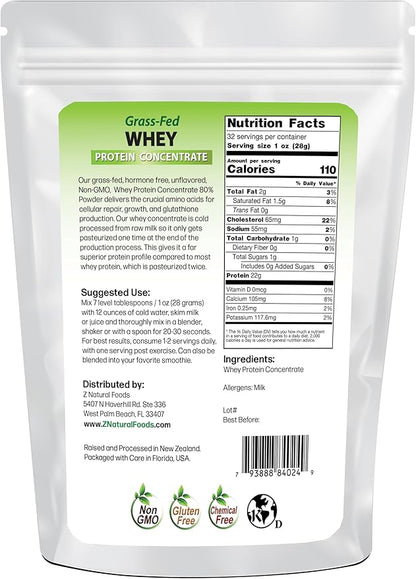 Z Natural Foods Grass-Fed Whey Protein Concentrate - Clean Whey Protein Powder from New Zealand - Cold Processed Pure Whey Protein with Essential Amino Acids for Nutrition & Fitness, Unflavored, 2 lbs