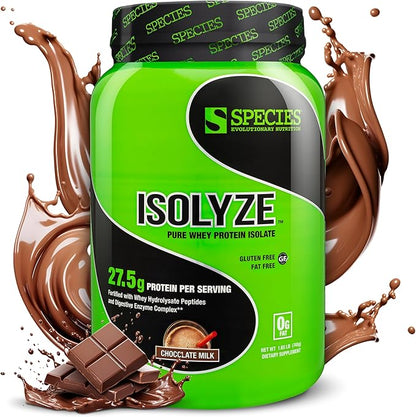 Species Nutrition Isolyze Whey Protein Powder, 100% Whey Isolate for Muscle Building, 27.5g Protein Per Scoop, No Sugar & Low Fat (Chocolate Milk, 22 Servings)