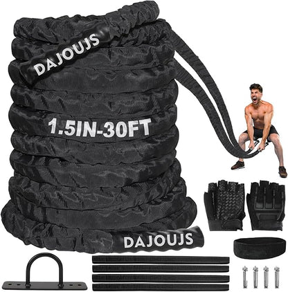 Battle Rope Workout Equipment 1.5 Inch Diameter 30FT Exercise Heavy Weighted Diameter Battle Rope with Protective Cover Exercise Equipment Core Strength Training