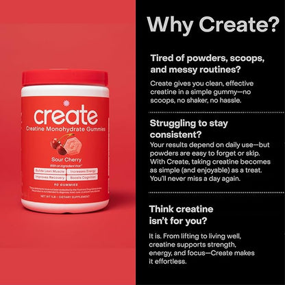 Create Creatine Monohydrate Gummies for Men & Women | 1.5g Creatine per Gummy for Muscle Strength, Endurance, Recovery, & Focus | Vegan, Non-GMO, Gluten-Free | Premium Sour Cherry Flavor | 90 Count