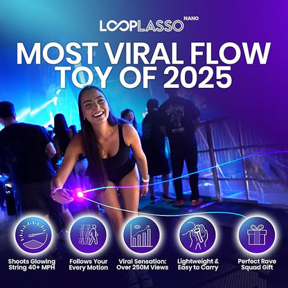 Loop Lasso NANO Glow in the Dark Rave Toys with Built-in UV Blacklight - Interactive Rope Launcher STEM Toy - Viral Flow and String Shooter Toy for Kids and Adults