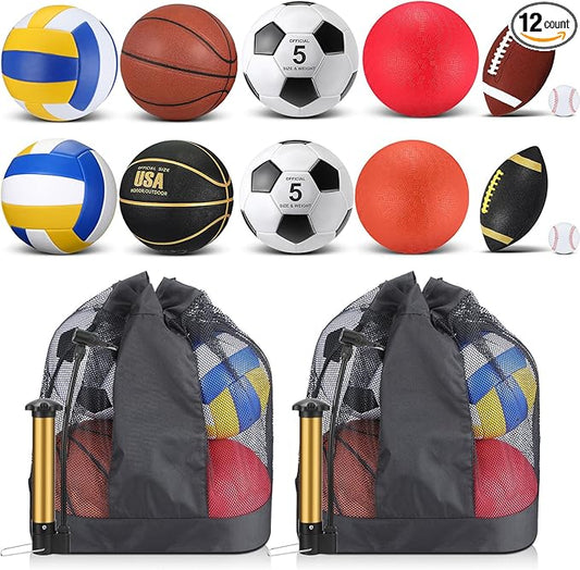 Deekin 12 Pcs Assorted Sport Ball Set Official Size Basketball, Football, Volleyball, Soccer