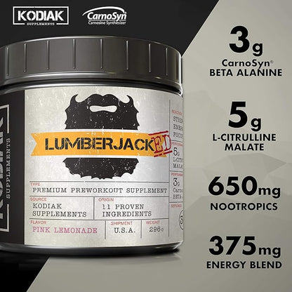 LUMBERJACKED Pre Workout Supplement with CarnoSyn 30 Servings - Better Pumps, Strength, Energy, and Focus - No Crash (Pink Lemonade)
