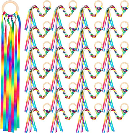 Junkin Ribbon Rings Hand Kite Waldorf Toys Dancing Wrist Ribbons Rainbow Streamers with Wood Ring Sensory Learning Educational Toy for Playroom Dancing Birthday Party Gift(Gradient,24 Pcs)