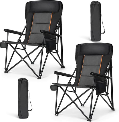 HIGH POINT SPORTS Oversized Folding Camping Chairs for Adults, High Backrest Heavy Duty Lawn Chairs Support 500 LBS Portable Collapsible Camp Chairs with Cup Holders,Side Pocket, 2 Pack, Black